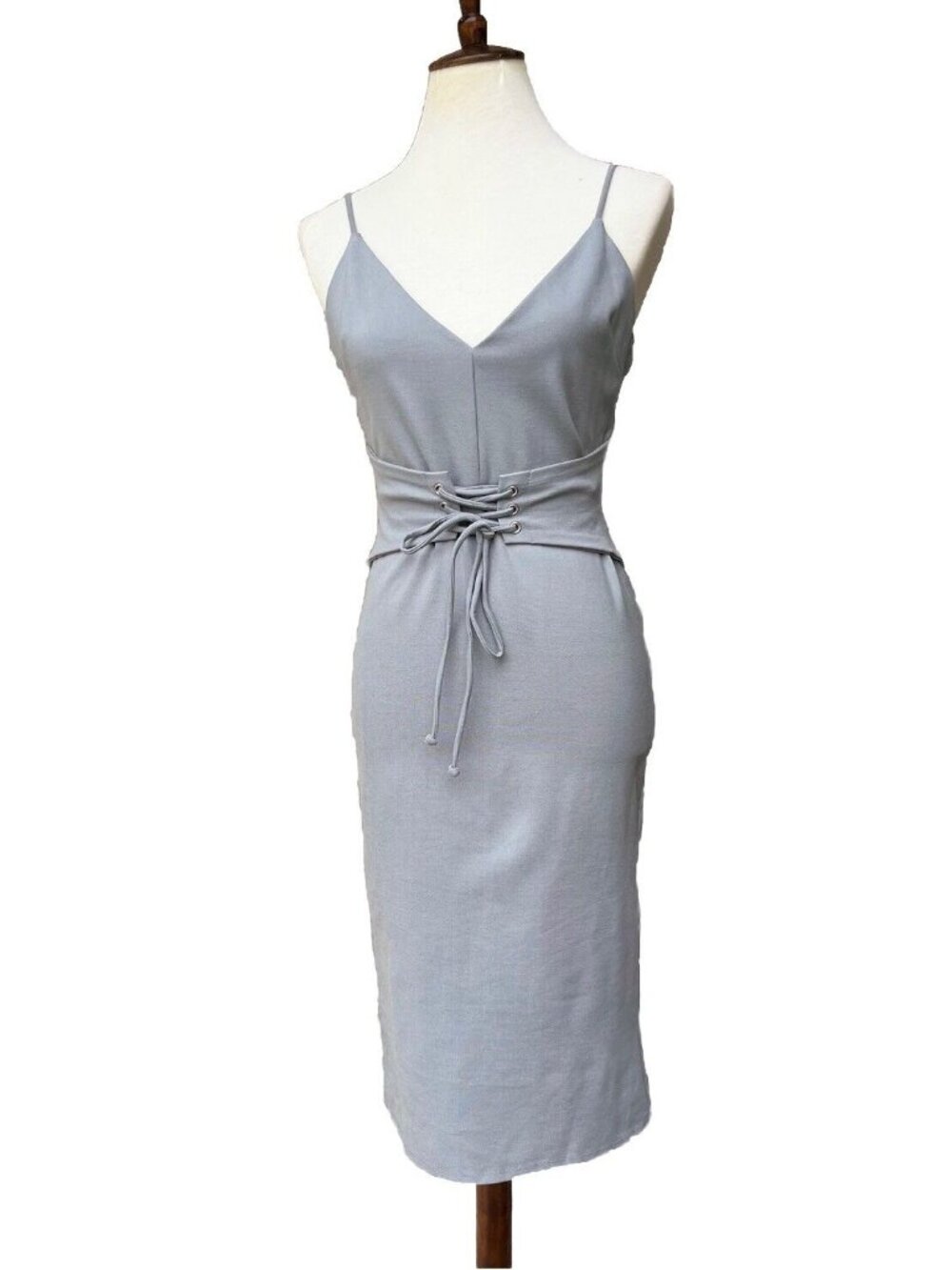 4SI3NNAI Women's Gray Tie Waist Bodycon Midi Dress Size M NWOT - Picture 2 of 16
